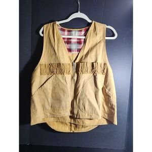 Vintage Tan Canvas‎ Utility Vest Plaid Lined Zipper Pockets Hunting Fishing